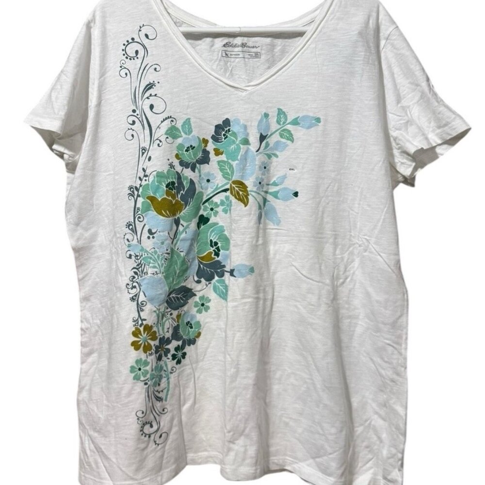 Eddie Bauer Women Size 2XL White Floral Outdoor T Shirt V Neck Cotton Preppy NWT